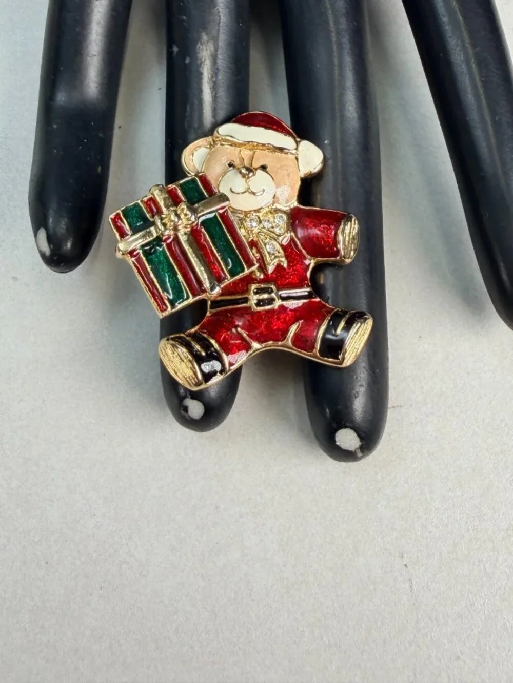 Vintage Christmas Teddy Bear Moving Gift Spring Enamel Rhinestone Brooch Pin